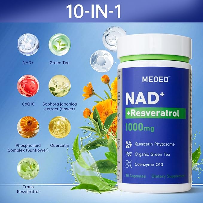 Liposomal NAD+ Resveratrol Supplement 1000mg Extra Strength with Trans Resveratrol, CoQ10, Quercetin and Organic Green Tea for Women and Men, Cellular Health, Energy Levels, 90 Vegan Capsules