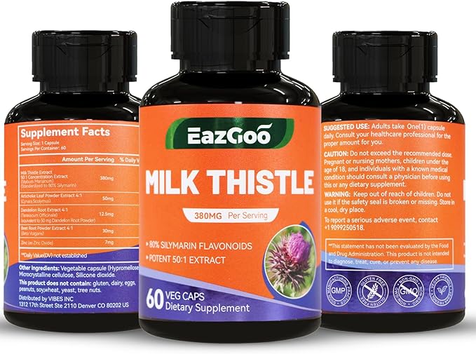 Milk Thistle Supplement,120 Capsules - 380mg of Extract & 80% Silymarin Standardized, Liver Support Supplement, Vegan, Non-GMO