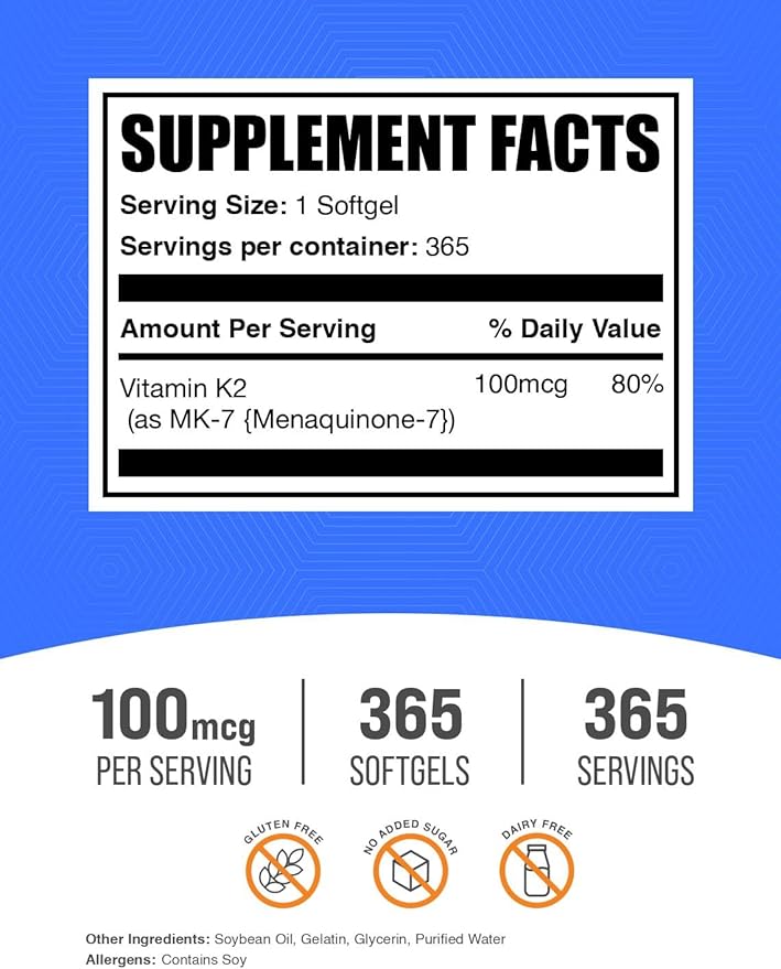 BulkSupplements.com Vitamin K2 Softgels - Vitamin K2 MK7, Vitamin Supplements - Gluten Free, 1 Softgel per Serving, 365 Count (Pack of 1)