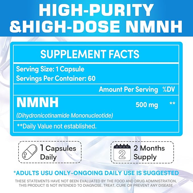 NMNH (Dihydronicotinamide Mononucleotide) NMN Alternative Supplement, 500 mg Per Serving NAD Supplement to Boost NAD+ Levels, for Anti Aging, Energy, Immunity, Focus, 60 Vegan Capsules