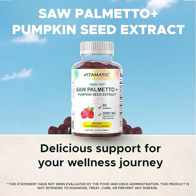 Vitamatic Saw Palmetto & Pumpkin Seed Gummies – Sugar-Free Botanical Extract – Natural Raspberry Flavor – Vegan, Non-GMO, Plant-Based Gummies – 60 Count