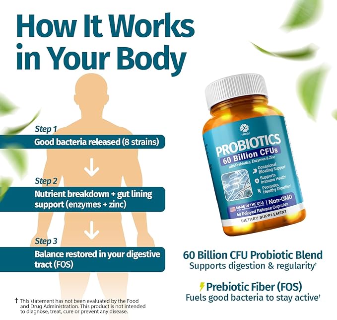 1 Body 60 Billion Probiotics for Men & Women, Gut Health for Men & Women with Prebiotics, Digestive Enzymes, Zinc & L-Glutamin, Non-GMO, 60 Vegan Digestive Probiotic Capsules