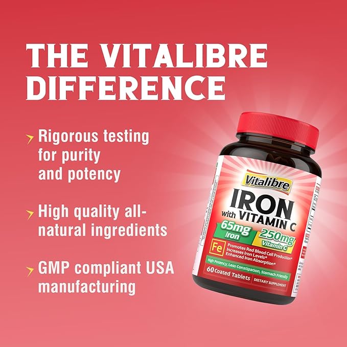 Iron Supplement, 65mg Carbonyl Iron with 250mg Vitamin C, Stomach Friendly Iron Pills for Blood Building Women & Men, High Absorption, No Nausea, No Constipation, Non-GMO, No Gluten, 60 Vegan Tabs