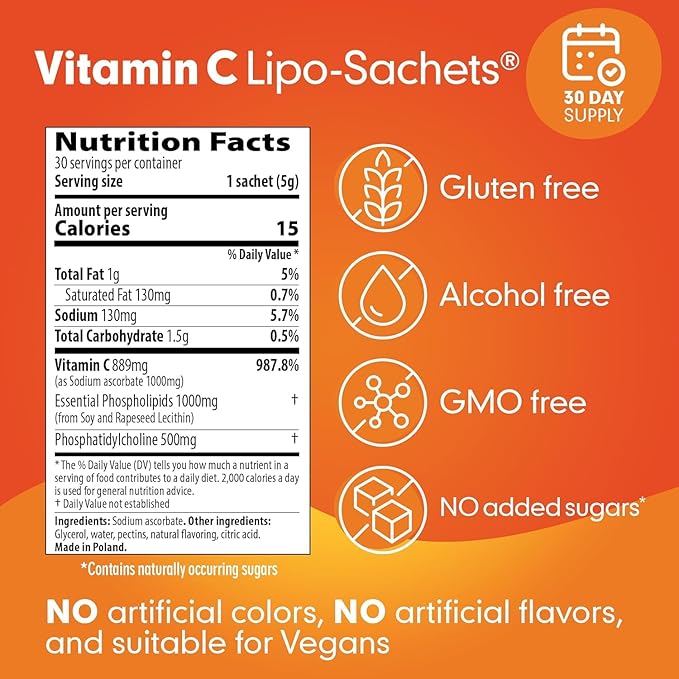 Lipo-Sachets Liposomal Vitamin C 1000mg Per Serving for Immune and Collagen Support - High Absorption - GMO Free, No Added Sugar, Vegan - 30 Liposomal Liquid Vitamin C Packets