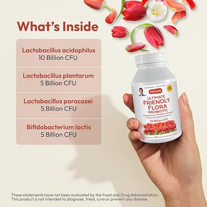 ANDREW LESSMAN Ultimate Friendly Flora Probiotic 240 Capsules - 25 Billion CFU, Comprehensive Blend of Five Probiotic Strains, Powerful Immune and Digestive Support. Probiotics for Women or Men