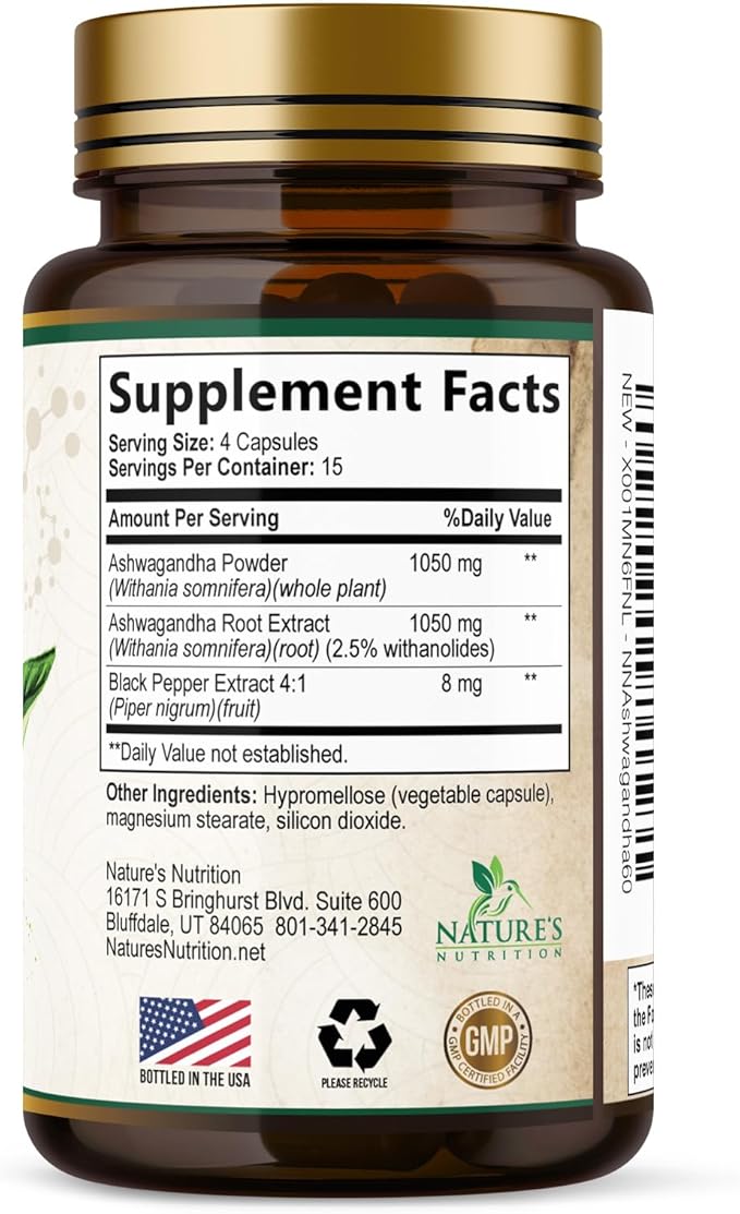 Ashwagandha Supplements - Premium Ashwagandha Capsule for Women & Men, Natural Antioxidant Support Ashwa Root Extract, Extra Strength Calm Support with Black Pepper, Vegan - USA Bottled - 60 Capsules