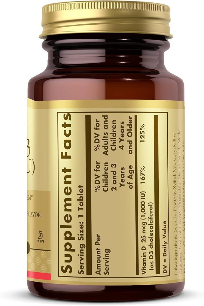 Solgar Vitamin D3 (Cholecalciferol) 25 mcg (1000 IU), Natural Strawberry Banana Swirl - 100 Chewable Tablets - Non-GMO, Kosher - 100 Servings (Pack of 2)