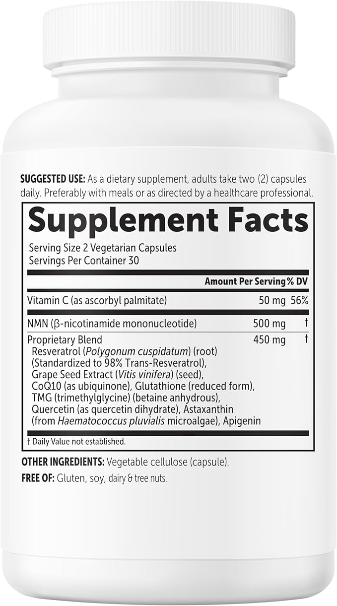 NMN Complex 1,000mg Per Serving, 60 Veggie Capsules | 10-in-1 with Nicotinamide Mononucleotide, Vitamin C, Resveratrol, CoQ10, TMG, Quercetin, & Glutathione | NAD+ Supplement Precursor | Filler Free