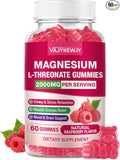 Magnesium L-Threonate Gummies - 2000mg for Brain, Muscle & Nervous System Support. Sugar-Free Raspberry Flavor, 60 Count for Kids & Adults