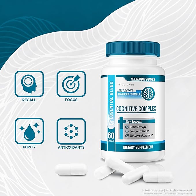 rize labs - Cognitive Complex Capsules – Daily Focus & Clarity Formula with a Balanced Blend for Alertness, Memory Support, and Everyday Wellness | Easy-to-Take Pills for Adults (180 Capsules)