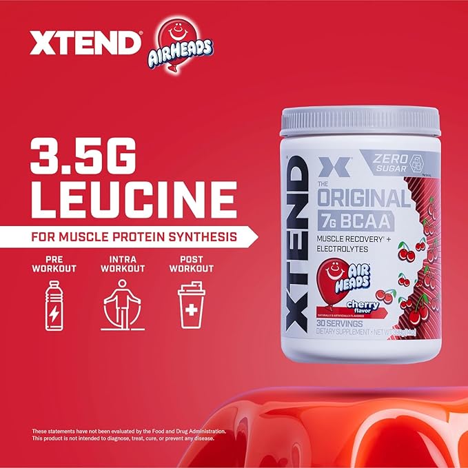 Xtend Original BCAA Powder, 7g BCAAs and 2.5g L-Glutamine for Muscle Recovery Hydration and Lean Muscle, Sugar Free Intra and Post Workout Drink with Electrolytes, Cherry Airheads, 30 Servings