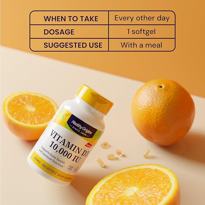 Healthy Origins Vitamin D3 10,000 IU (250mcg), 120 Liquid Softgels - Supports Strong Bones, Healthy Teeth & Immune System Function - Non-GMO, Gluten-Free & Soy-Free