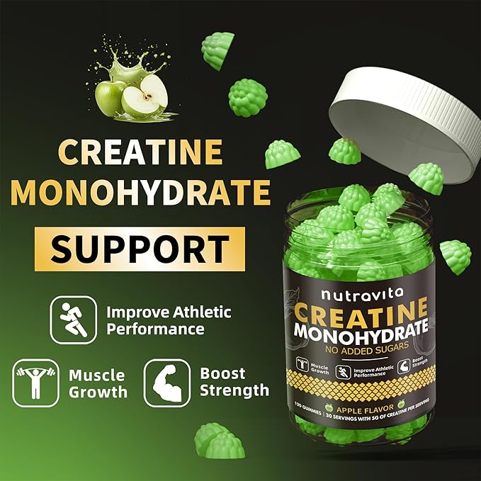 Nutravita NSF Certified Creatine Gummy - Creatine Monohydrate Gummies for Men & Women-5g of Creatine Monohydrate per Serving - Sugar Free,Vegan, Apple Flavor, 120 Count