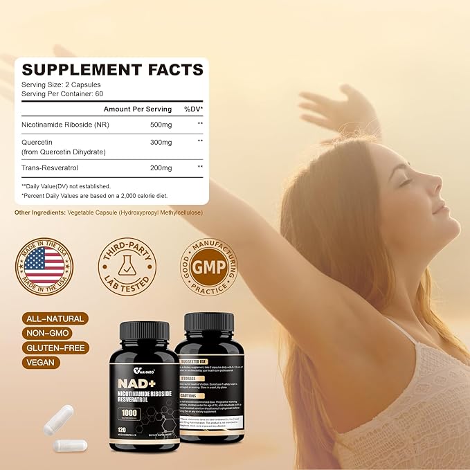 NAD Supplement 120 Capsules - Liposomal Nicotinamide Riboside w/Trans-Resveratrol & Quercetin - 1000mg NAD+ Supplement for Men and Women - Supports Energy and Focus - 60 Days Supply
