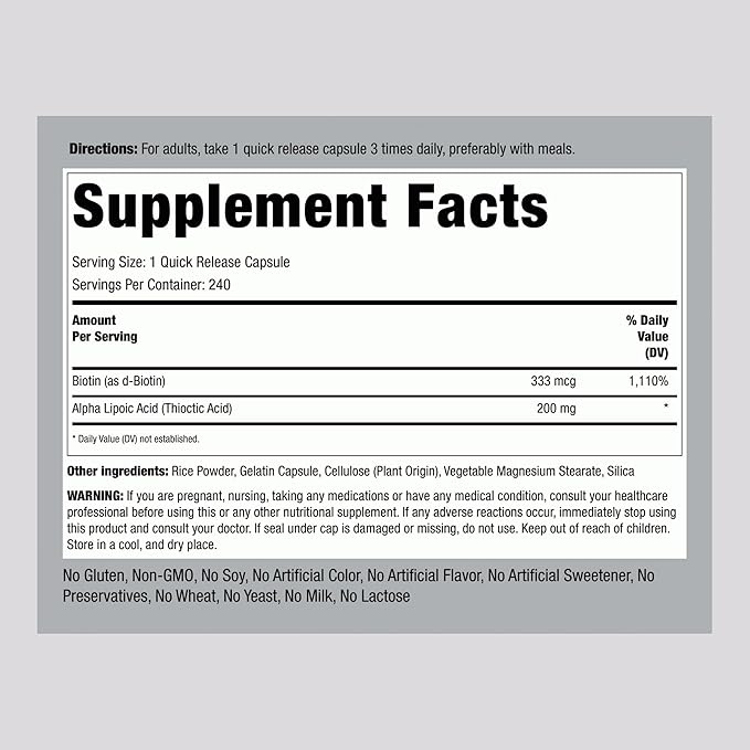 Piping Rock Alpha Lipoic Acid 200mg | 240 Capsules | Plus Biotin | Non-GMO, Gluten Free Supplement