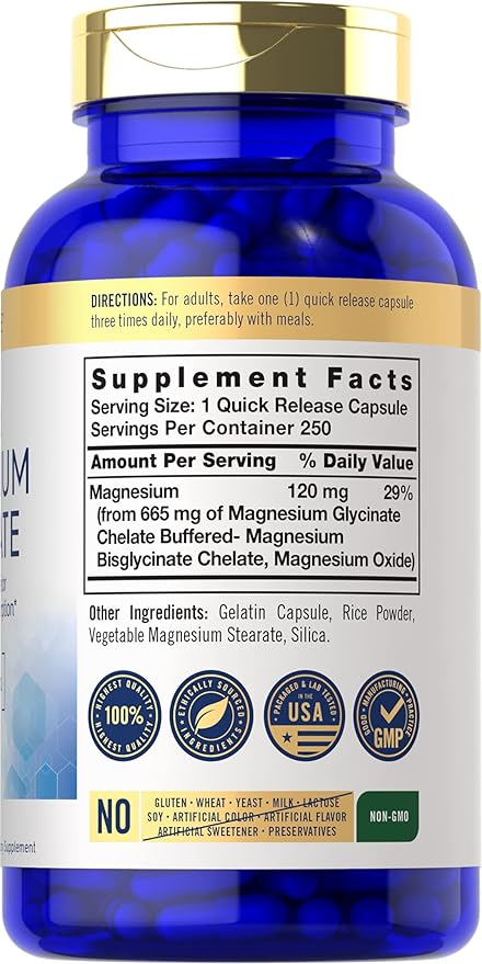 Carlyle Magnesium Glycinate | 665 mg | 250 Capsules | Non-GMO and Gluten Free Formula | Essential Buffered Mineral Supplement