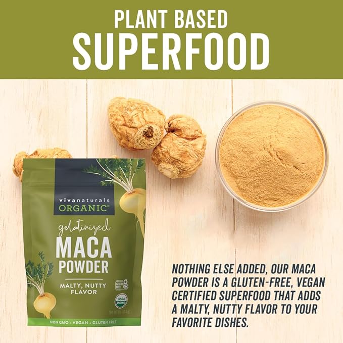 Viva Naturals Organic Maca Powder, Gelatinized, 16 oz (1 lb) – Vegan, USDA Organic, Gluten-Free, Non-GMO Peruvian Superfood in Resealable Bag