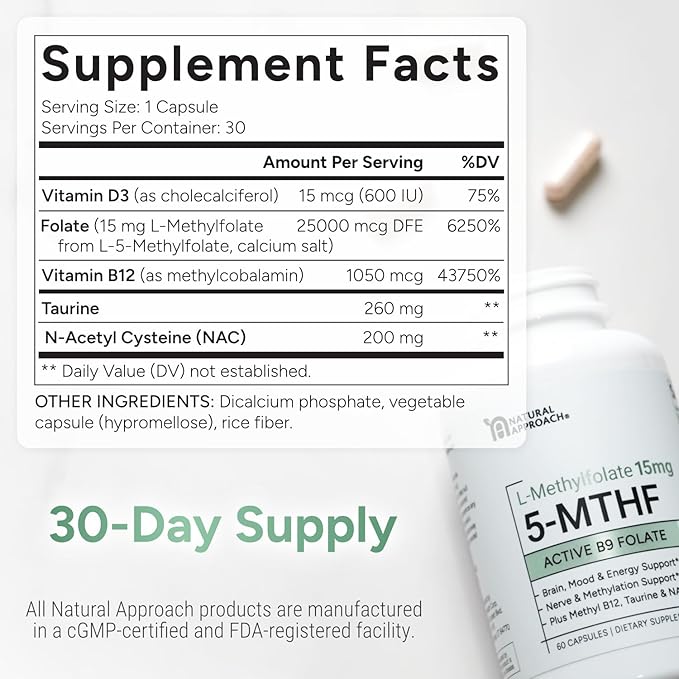 L-Methylfolate 15mg | 5-MTHF (Active B9) with Methyl B12, D3, NAC & Taurine | Premium Methylated Folate Supplement for Daily Use | Mood, Energy & Cognitive Support | 30 Capsules