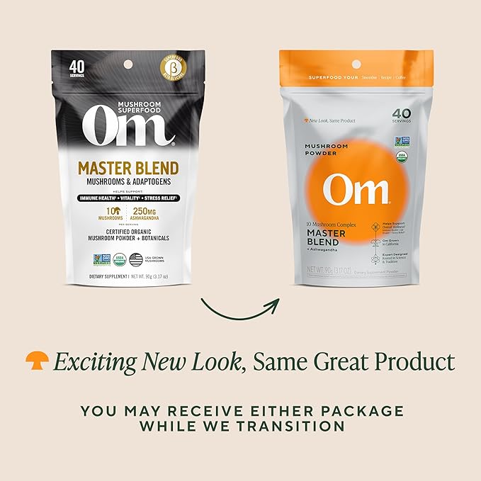 Om Master Blend Mushroom Powder – Organic Mushroom Supplement with 10 Mushrooms and Ashwagandha - Support Immunity, Gut Health & Stress Relief, 3.17 oz (40 Servings)