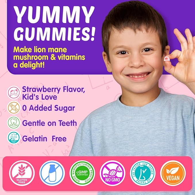 Kid Focus Gummies, Lion's Mane Mushroom Gummies for Kid Brain - Methyl B6, B9, B12 + Super Greens - Focus and Attention Supplements, Cognitive Function & Energy & Vision Support - 60 Vegan Gummies