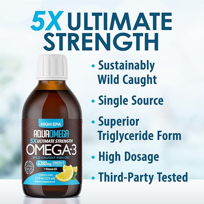 5X Ultimate Strength Omega 3 Fish Oil Liquid with Vitamin D, Burpless Liquid Fish Oil Supplements with High EPA and DHA Omega 3 Fatty Acid Supplements, 7.60 floz, Lemon Flavor