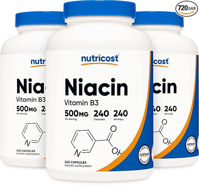 Nutricost Niacin (Vitamin B3) 500mg, 240 Capsules (3 Bottles) - Niacin Flush