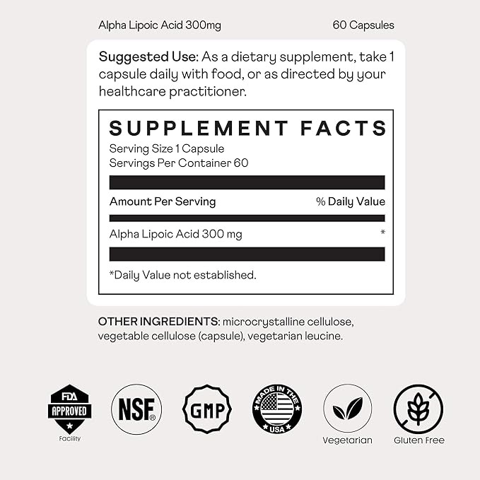 Nuray Alpha Lipoic Acid 300mg - Antioxidant Supplement for Healthy Aging, Supports Energy Production, Proper Nerve Function, Metabolism - 60 Vegetarian Capsules, Gluten-Free Dietary Supplement