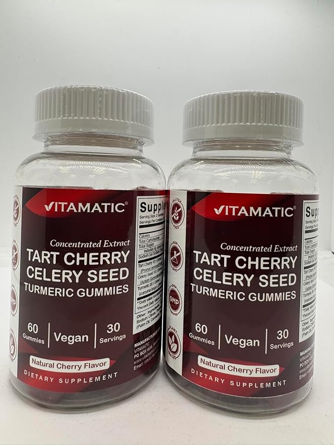 Vitamatic Tart Cherry (360 mg) with Celery Seed (30 mg) 10:1 Extract & Turmeric 20:1 Extract (10 mg) - (Per Serving/2 Gummies) - 60 Gummies (Pack of 2)
