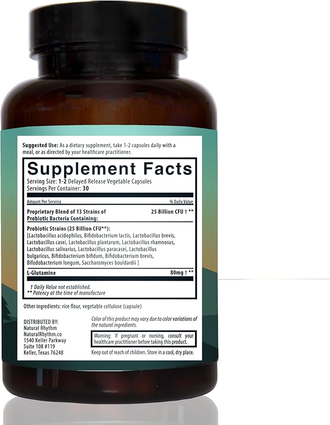 Natural Rhythm Digestive Calm Probiotic + L-Glutamine – 25 Billion CFU, 13 Strains, Digestive & Immune Support Supplement, Vegetarian Capsules (60 Count)
