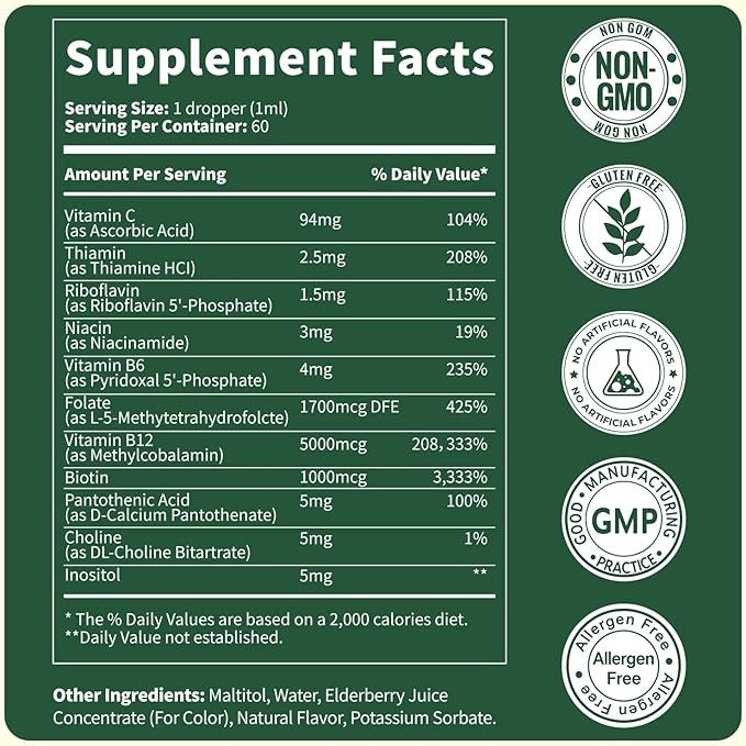 Vitamin B Complex Drops, Active B12 Methylcobalamin 5000mcg, B6, B1, B2, B5, B7, B3, Folate with Vitamin C, B12 Sublingual Liquid Fast Absorption | Boost Energy, Focus & Immunity, Vegan | 60 Servings