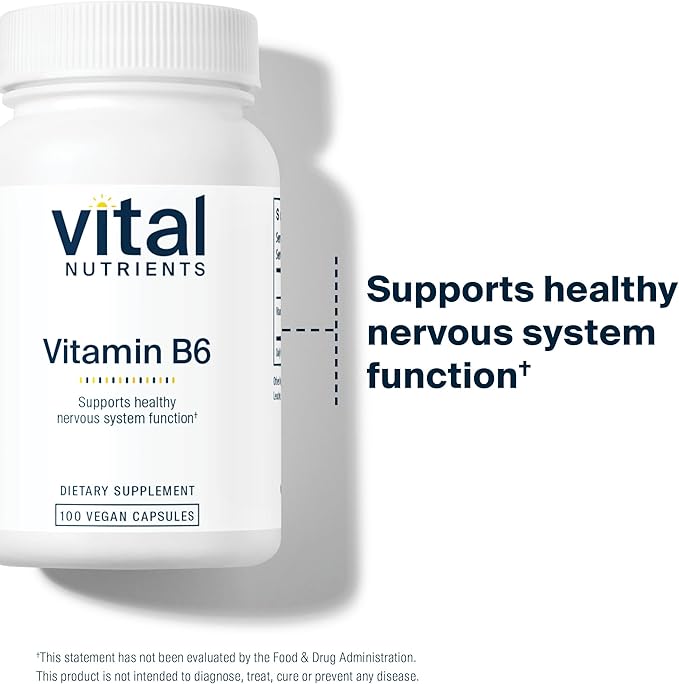 Vital Nutrients Vitamin B6 - Vegan Pyridoxine HCl B6 Vitamins for Nervous System, Muscle, Bone Health* - High-Potency Vitamin B6 for Menstrual Discomfort * - Gluten, Dairy, Soy Free -100 Capsules
