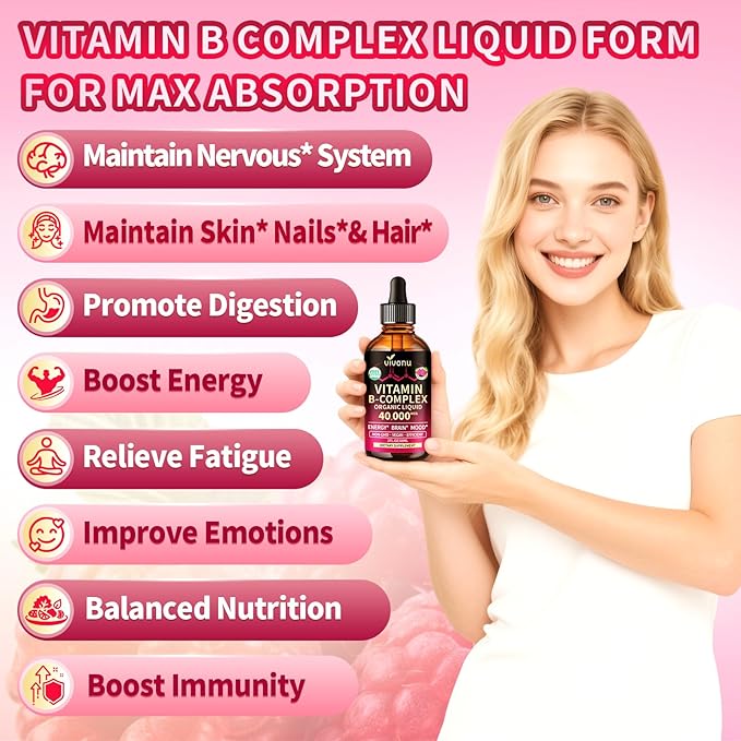 VivoNu Vitamin B Complex Liquid Drops, Methylated Vitamin B12 6000 mcg, B1, B6, B3, B5, B2, Folate, Biotin with Vitamin C D A E, Magnesium, Zinc, CoQ10 for Energy (2 Bottle)