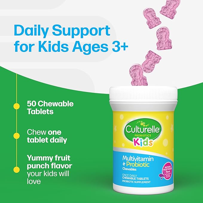 Culturelle Kids Complete Chewable Multivitamin + Probiotic For Kids, Ages 3+, 90 Count, Digestive Health, Oral Health & Immune Support - With 11 Vitamins & Minerals, including Vitamin C, D3 & Zinc