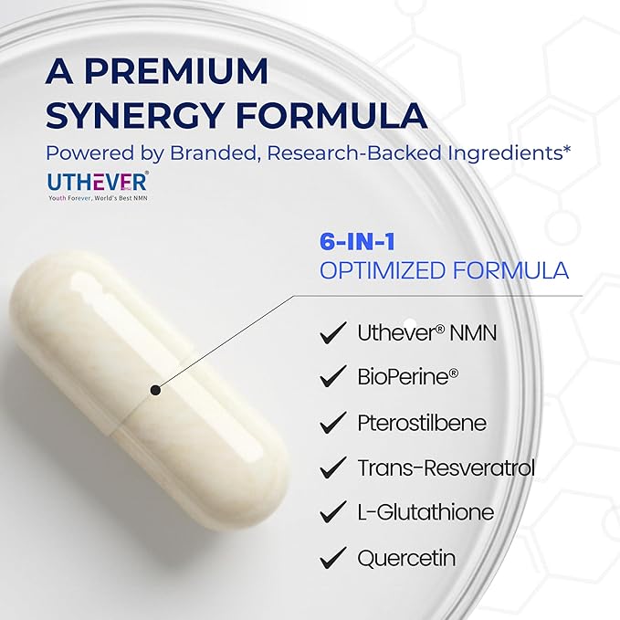 BONE SCIENCE Uthever NMN & Pterostilbene 6-in-1 Complex with Resveratrol, Glutathione & BioPerine - High Purity Stabilized NAD+ Precursor for Healthy Aging & Cellular Energy - 72 Vegetarian Capsules