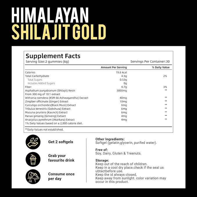 Shilajit* Gummies,Pure Himalayan* micronutrient Supplement, Himalayan Premium Ingredient with Shilajit, Ashwagandha, Gokshura, Fulvic Acid & 85+ Trace Minerals I for Men & Women (3000MG/1 Bag)
