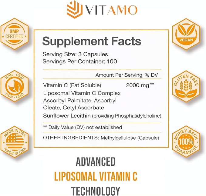Liposomal Vitamin C 2000mg | Superior Delivery System | 300 Capsules Immune Support & Collagen Booster | High Absorption Ascorbic Acid, High Dose Vitamin c, Zero Soy, 100% Non–GMO