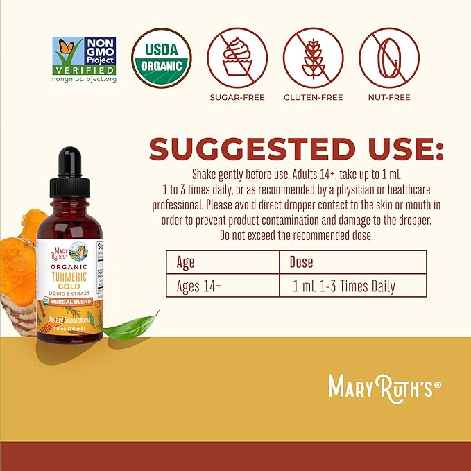 MARYRUTH'S Organics USDA Turmeric Gold Liquid Drops | Herbal Blend | Turmeric Curcumin | Black Pepper | Cassia Cinnamon Bark | Ginger Root | Immune Support | Non-GMO Project Verified | Vegan | 1oz