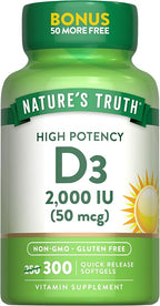 Nature's Truth Vitamin D3 2000 IU | 300 Softgels | High Potency Formula | Non-GMO & Gluten Free Supplement