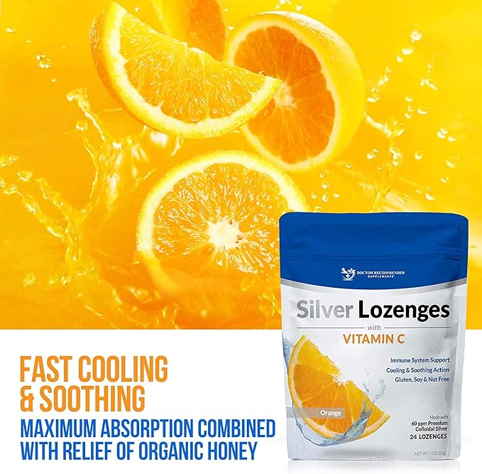 Silver Lozenges with Vitamin C - Premium Nano Silver 60 PPM Colloidal Silver, Organic Honey and Vitamin C Mineral Supplement Drops to Support Immune System, Soothe Cough & Throat - Pack of 4