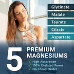5-in-1 Magnesium Complex - High Absorption - Chelated Magnesium Glycinate, Malate, Citrate, Taurate, & Aspartate for Nerves, Muscles, Bones | 120 Capsules | Magnesium Supplement