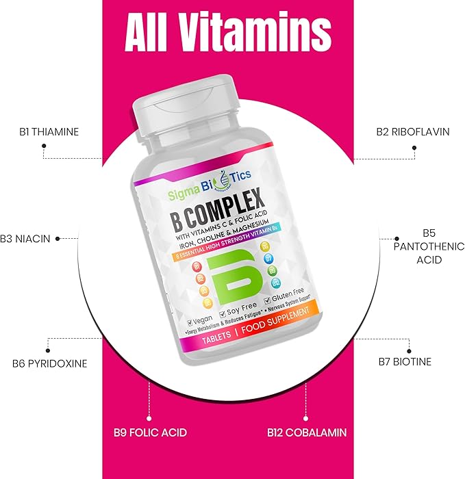 Vitamin B Complex with Vitamin C, Iron, Magnesium & Choline - High Potency B1-B12 Tablets - Energy, Metabolism & Nervous System Support - Vegan, Non-GMO - 90 Tablets