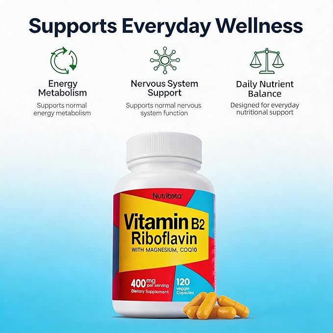 Vitamin B2 Riboflavin 400mg with Magnesium & CoQ10, High Potency Vitamin B2 Supplement for Energy Metabolism & Daily Wellness, 120 Veggie Capsules, 60 Day Supply