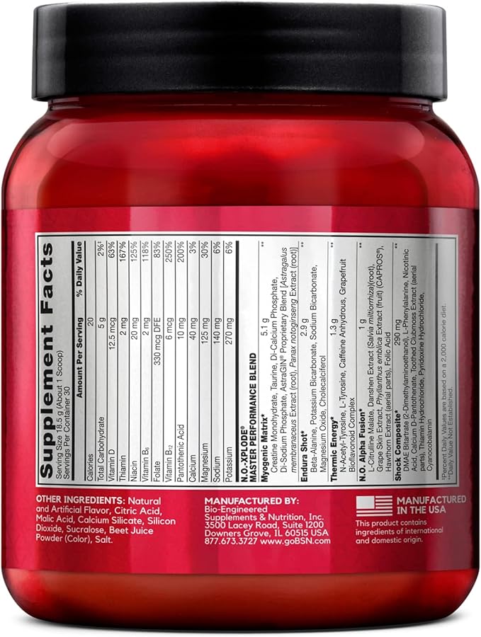 BSN N.O.-XPLODE Pre Workout Powder, Energy Supplement for Men and Women with Creatine and Beta-Alanine, Watermelon, 30 Servings, 1.2 Pound (Packaging May Vary)