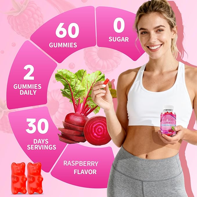Beet Root Gummies for Women & Men, Beetroot Supplement Beet Chews with Vitamins Grape Seed for Antioxidant Supoort & Immune Health, Sugar-Free/Vegan/Organic,Raspberry Flavor 60 Count