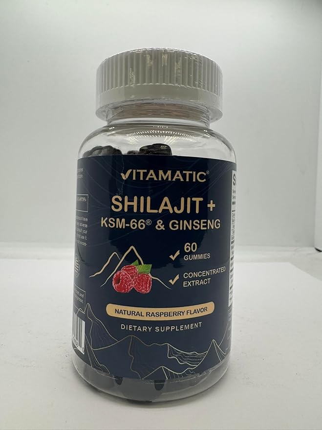 Vitamatic Shilajit with KSM-66® Ashwagandha & Ginseng Extract Gummies – Natural Raspberry Flavor – 60 Vegan Gummies - Made in USA