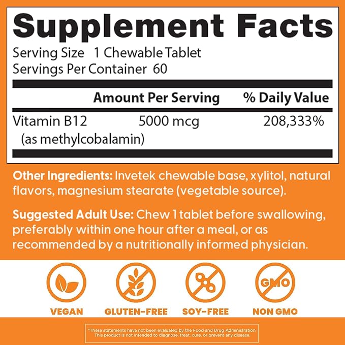 Doctors Best Chewable Fully Active Methyl B12, Methylcobalamin, Energy, Memory, & Mood Support, Non-GMO, Gluten Free, Soy Free, Vegan 60 Tablets