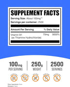 BulkSupplements Thiamine HCl Powder - Thiamine Hydrochloride, B1 Vitamins, Thiamine B1 Supplement, Thiamine 100mg - Gluten Free, 100mg per Serving, 250g (8.8 oz) (Pack of 1)