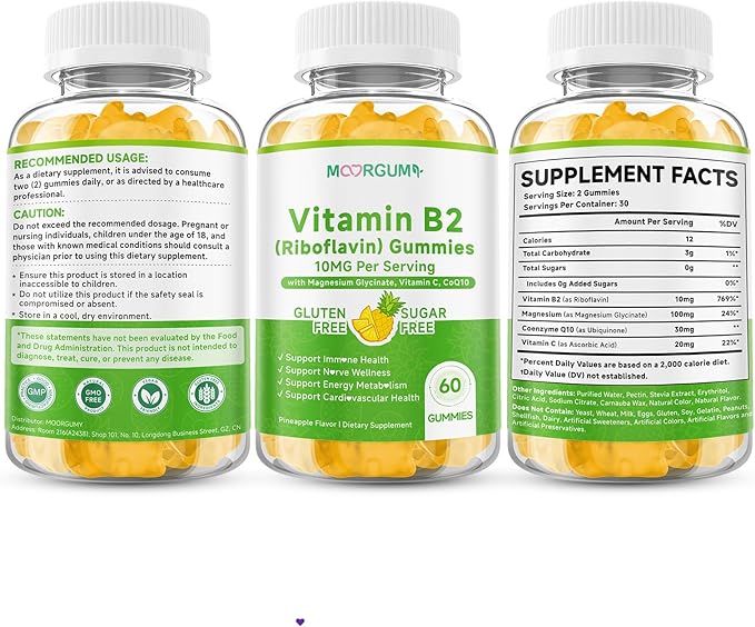 Vitamin B2 Gummies, Riboflavin Supplement for Kids & Adults, with Magnesium Glycinate, CoQ10 and Vitamina C, for Women and Men, Energy, Immune Wellness & Cellular Health Support, 120 Count