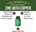 Peak Performance Zinc with Copper + Whole Food Blend of 25 Vegetables and Fruits for Max Absorption - Immune Support Supplement Capsules - Two Essential Minerals for Immunity - Pills for Men & Women