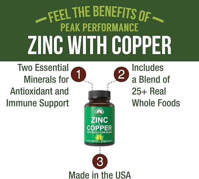 Peak Performance Zinc with Copper + Whole Food Blend of 25 Vegetables and Fruits for Max Absorption - Immune Support Supplement Capsules - Two Essential Minerals for Immunity - Pills for Men & Women